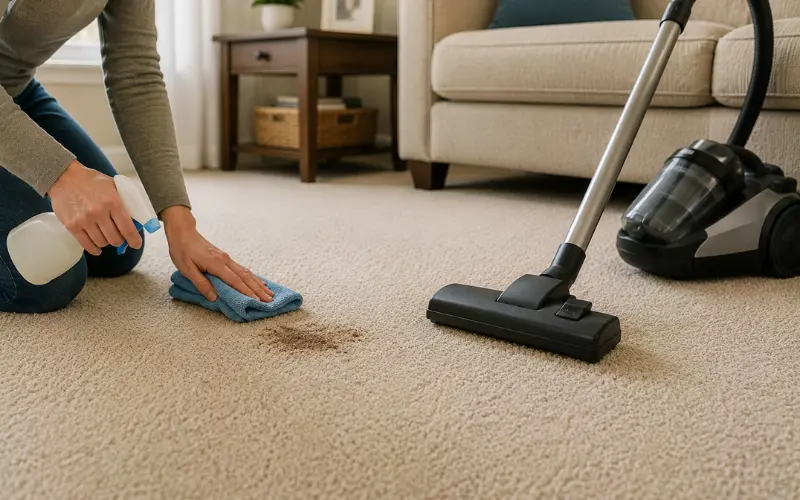 Cleaning carpet spots and vacuuming daily to maintain freshness