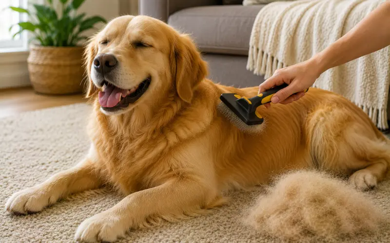 brushing dog to prevent pet hair on carpet