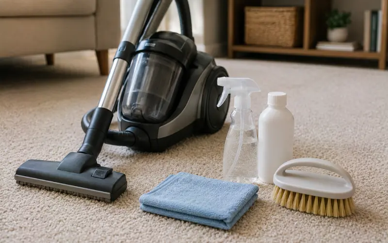 Reliable vacuum, carpet spot cleaner, and soft brush for carpet care